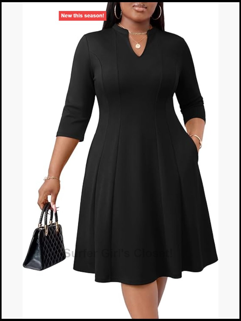 Plus Size V-Neck 3/4 Sleeve Semi-Formal Midi Dress For Curvy Women